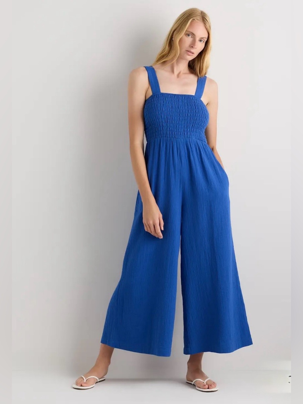 Quince 100% organic Cotton Gauze Smocked Wide-Leg Jumpsuit Orchid Blue. Med